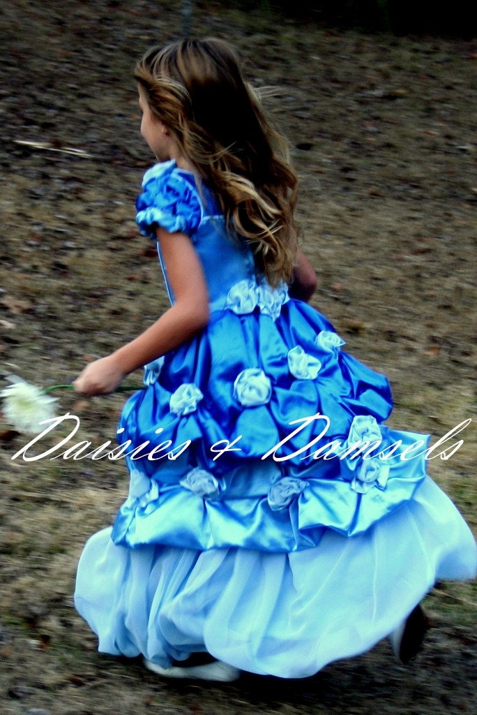 Flower girl dress, Custom, blue w/light blue satin, & chiffon, pageant gown party outfit sizes 6 mo-1,2,3,4,5,6,7,8,9,10