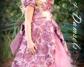 Flower girl dress, rose, pink, mauve, satin roses all over, with tulle ruffles