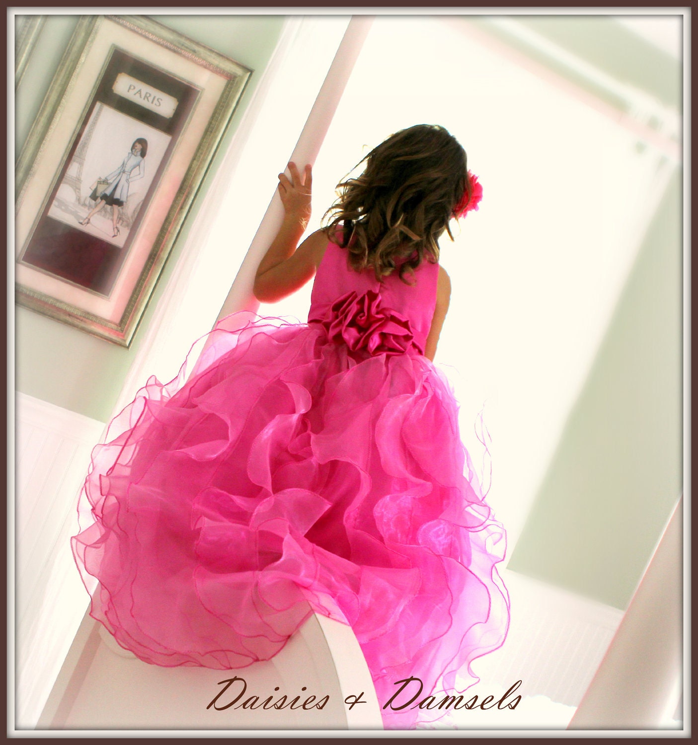 Flower girl dress,(with rush fee), hot pink organza cascading vertical ruffles, made in most colors
