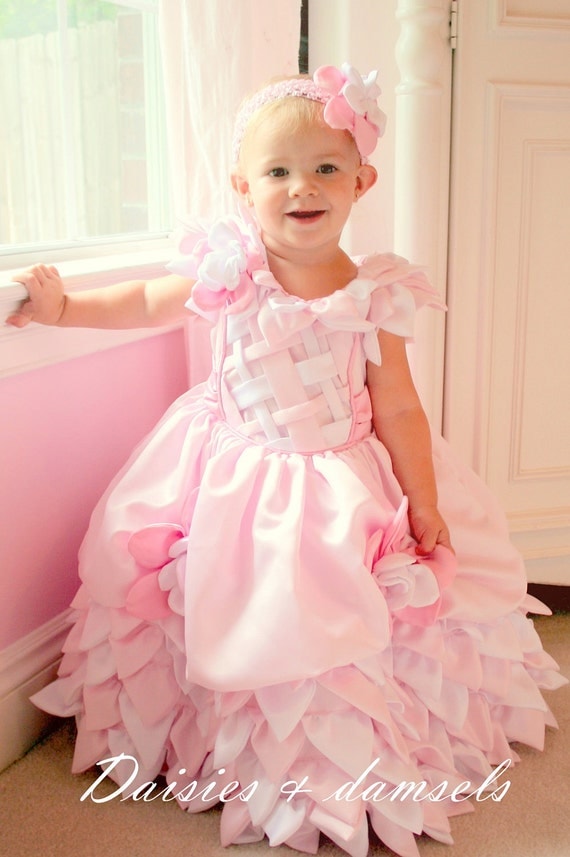 Flower girl dress, Custom made pink white cascading petals ,pageant dress gown all sizes 1,2,3,4,5,6,7,8,9,10,