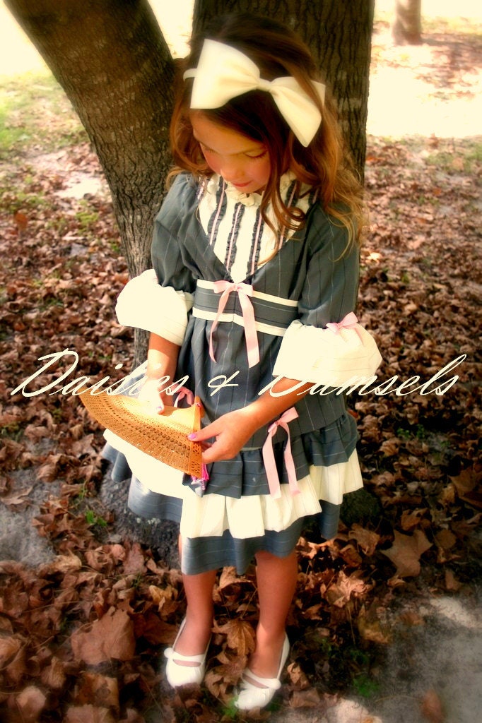 Girls southern belle gray off white pink outfit, dress, custom made, vintage inspired size 6 mo-1,2,3,4,5,6,7,8,9,10