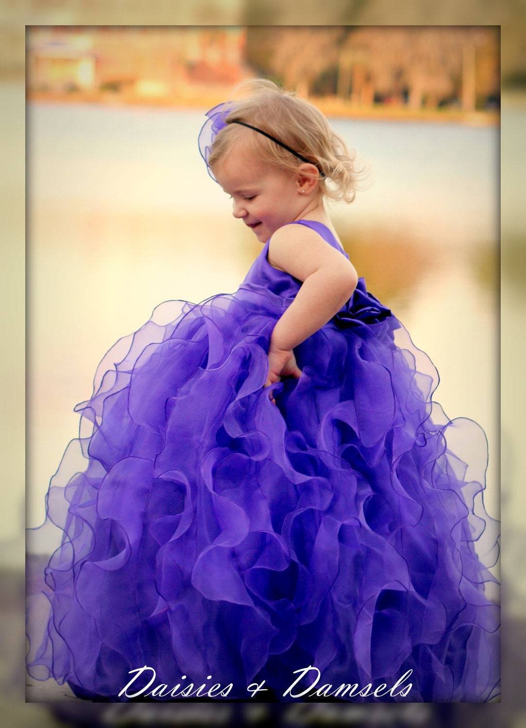 Flower girls dress, purple cascading ruffles design, organza, satin