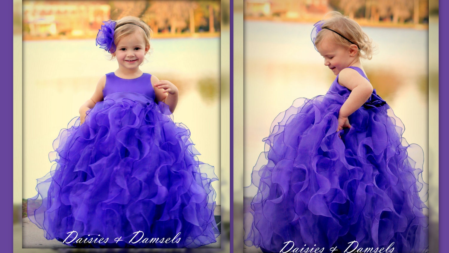 Flower girls dress, purple cascading ruffles design, organza, satin