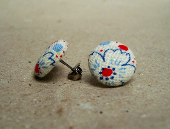 Fabric Button Post Earrings - Red & Blue flower - 15mm
