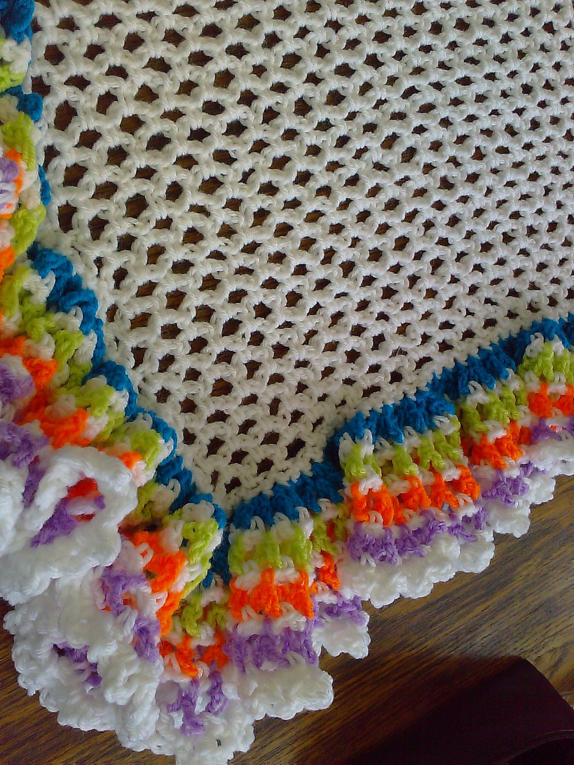 CROCHET BLANKET New handmade white shawl with multi colour and white deep lace  frill   (nannycheryl original)  ID  775