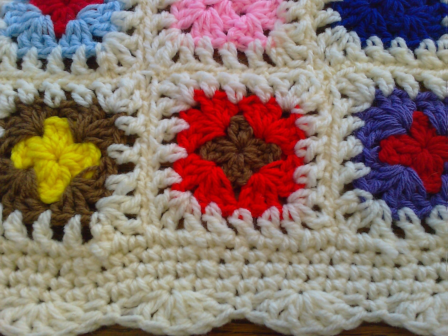 Handmade chunky crochet blanket -  Made in tradition granny type multi colour style with cream border (nannycheryl original) ID  783