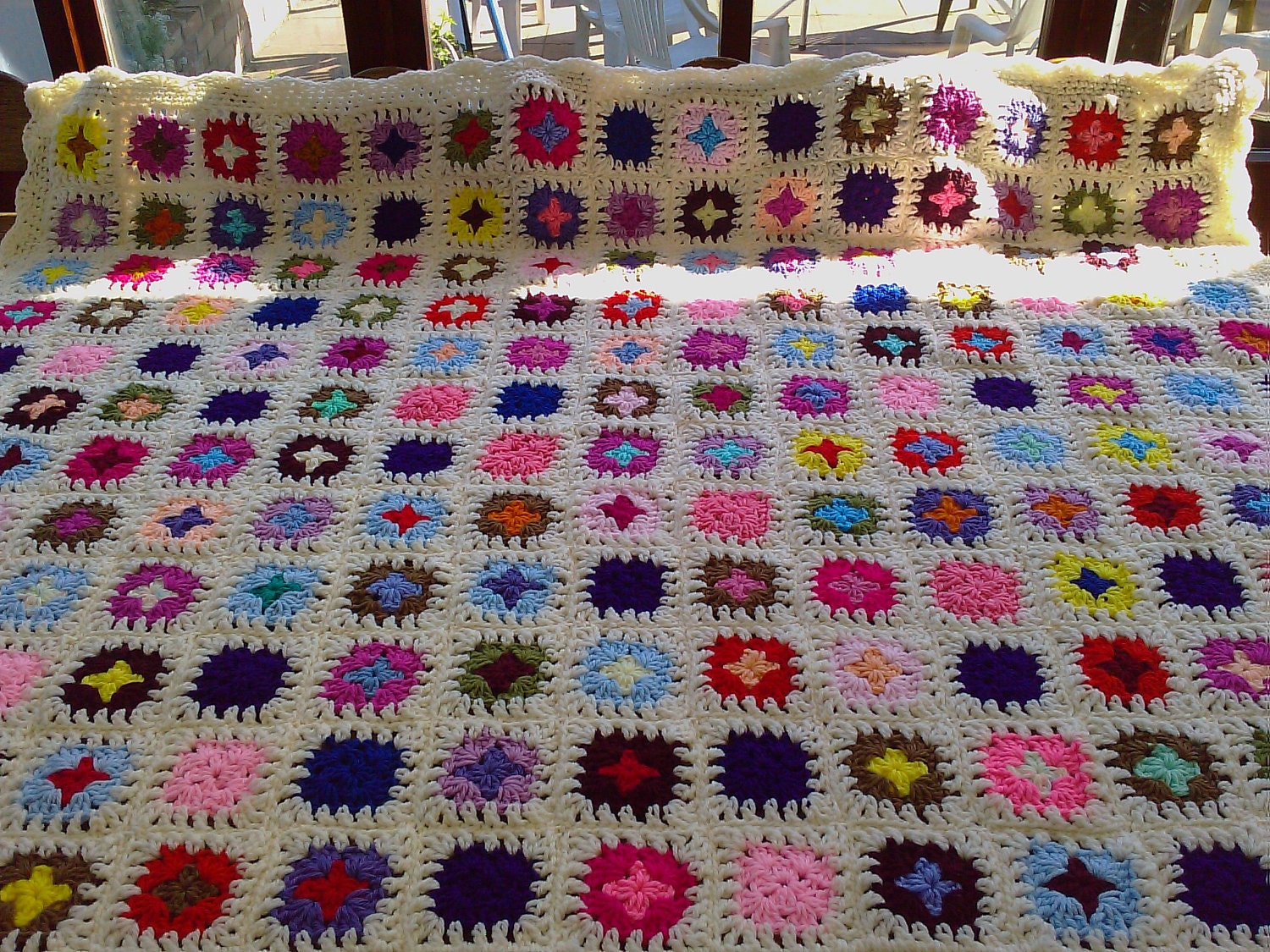 Handmade chunky crochet blanket -  Made in tradition granny type multi colour style with cream border (nannycheryl original) ID  783