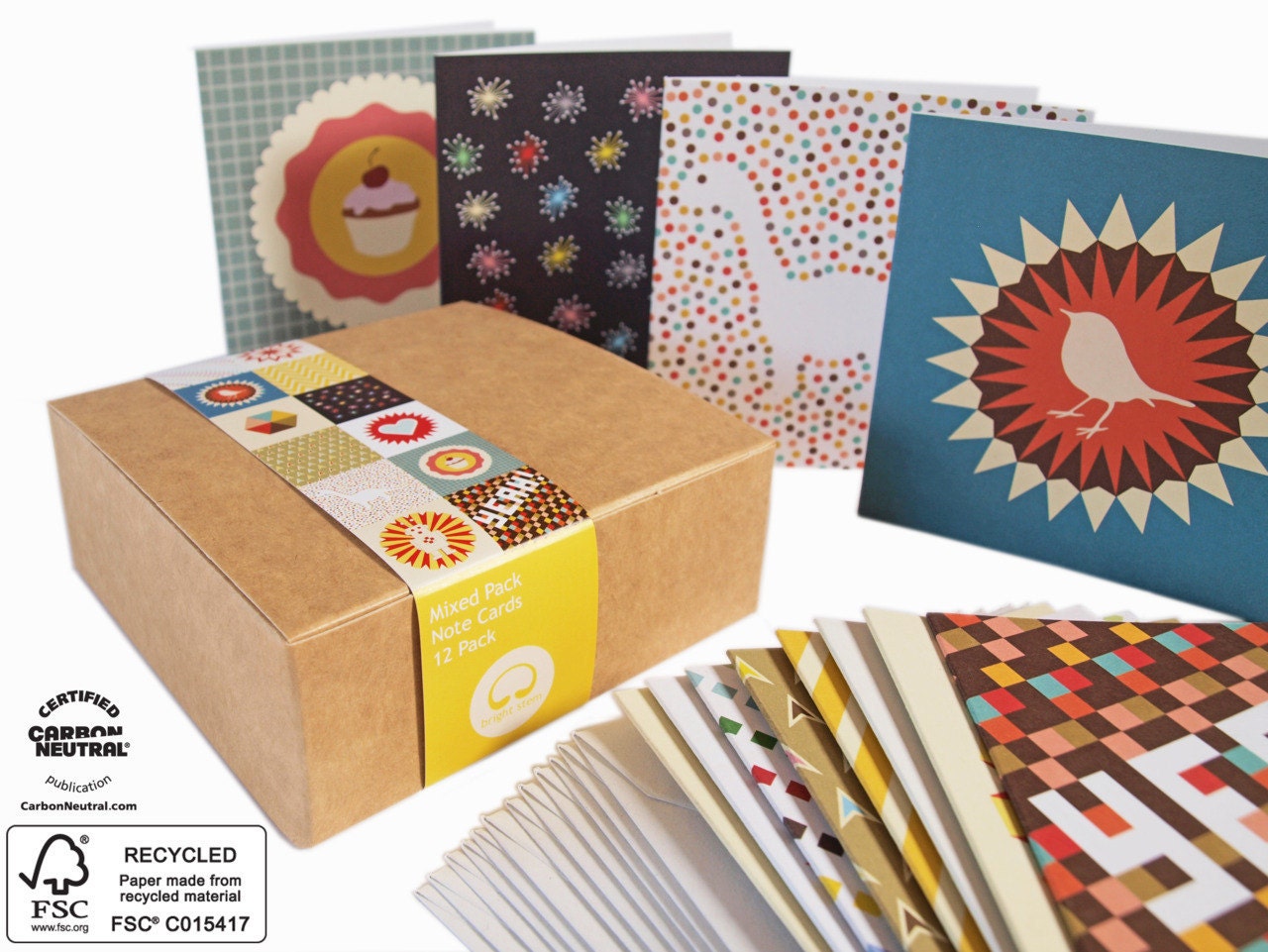 Stationery Mixed Pack Notecards Boxset of 12 Unique Vintage Style Blank Cards Including Robot, Cupcake, Dino, Heart, Robin Designs