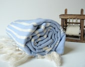 Handwoven Turkish BaTh ToWel - AeGean Soft Peshtemal  - Blue - Ivory Stripes