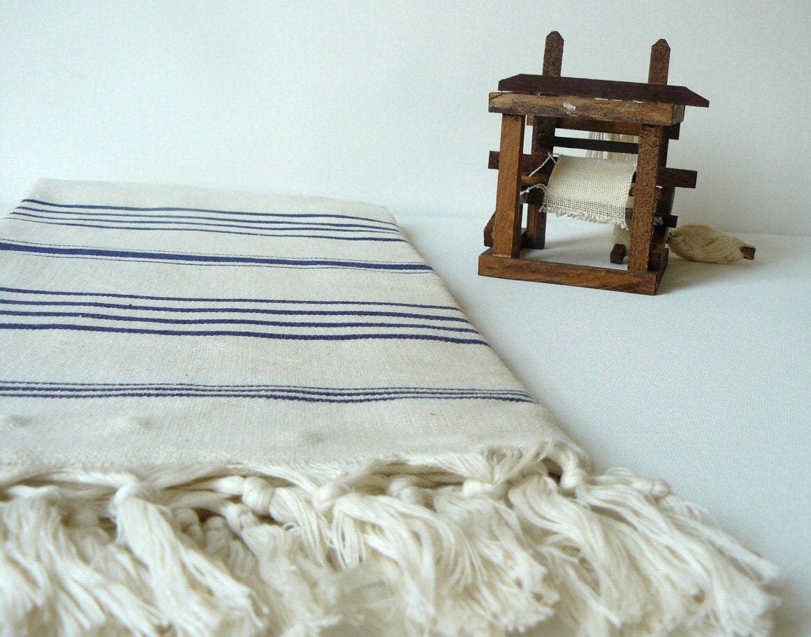Handwoven Turkish BaTh ToWel - AeGean Soft Peshtemal - Ivory - Dark Blue Stripes