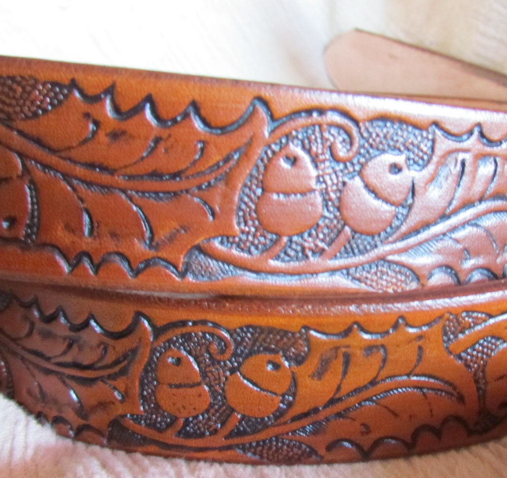 Handmade Leather Belt, Acorns and Leaves, Tan, USA Made