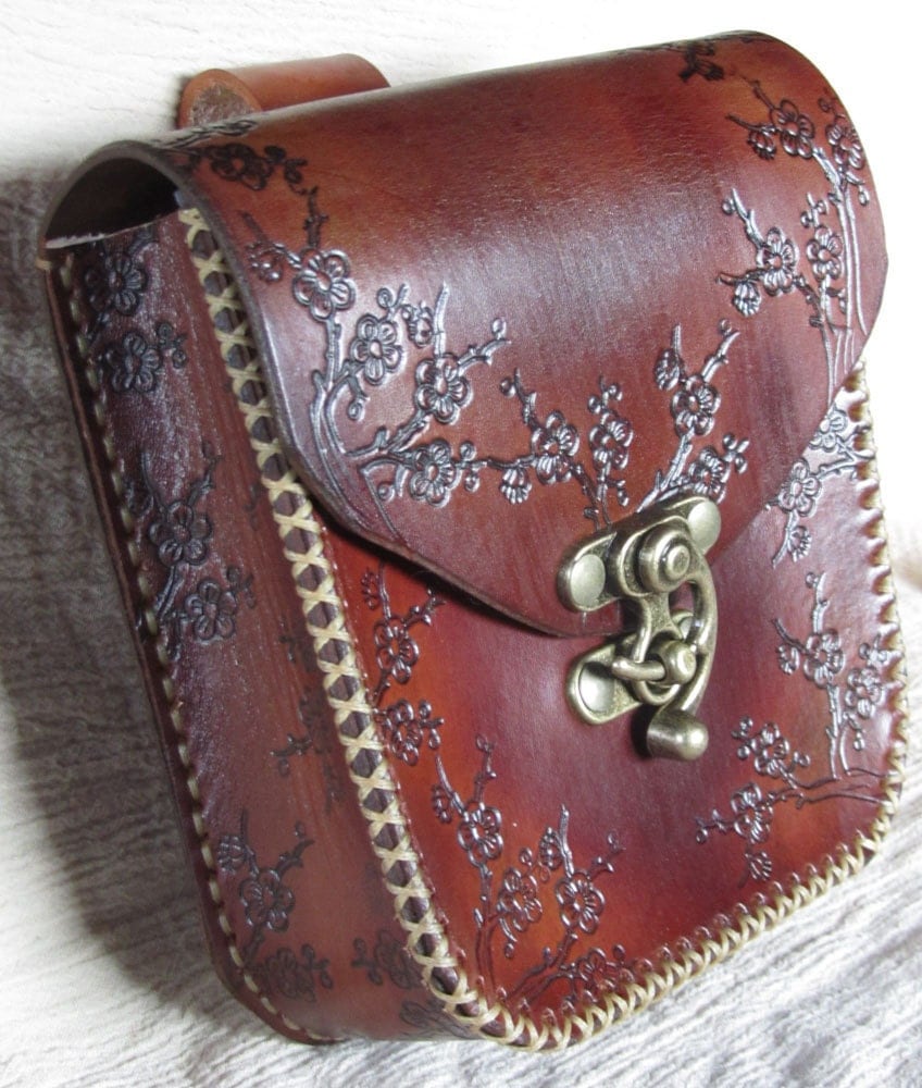 Medieval Leather Belt Pouch Brown Floral by EarthlyLeatherDesign