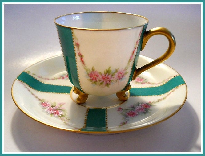 LIMOGES Cabinet Cup & Saucer Hand Painted French Porcelain Roses