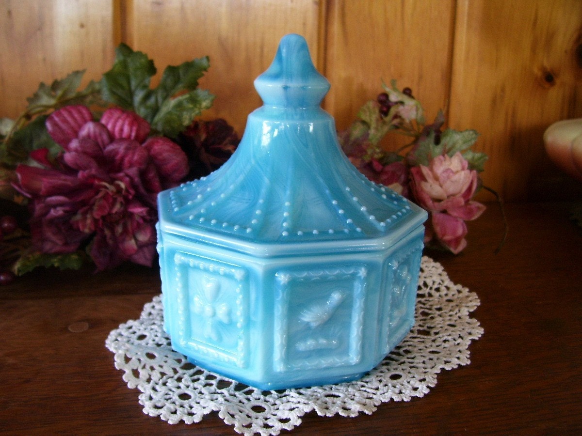 Gorgeous Fenton Rare Blue Slag Glass Candy Compote