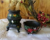 Antique Country Cast Iron Miniature Pot Belly Stove & Cauldron Pot Hand Painted Decorated