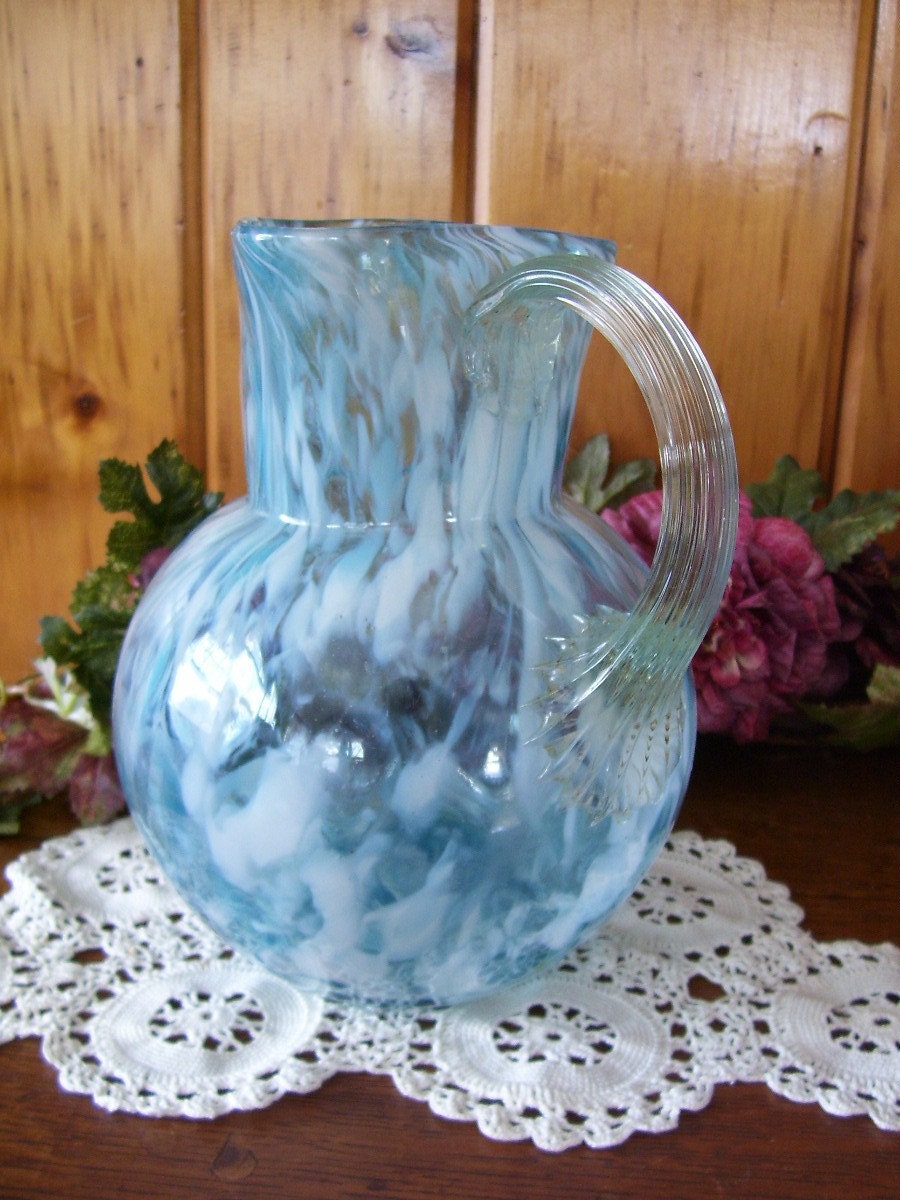 Gorgeous Victorian Antique Blue Splatter Art Glass Pitcher Northwood Glass