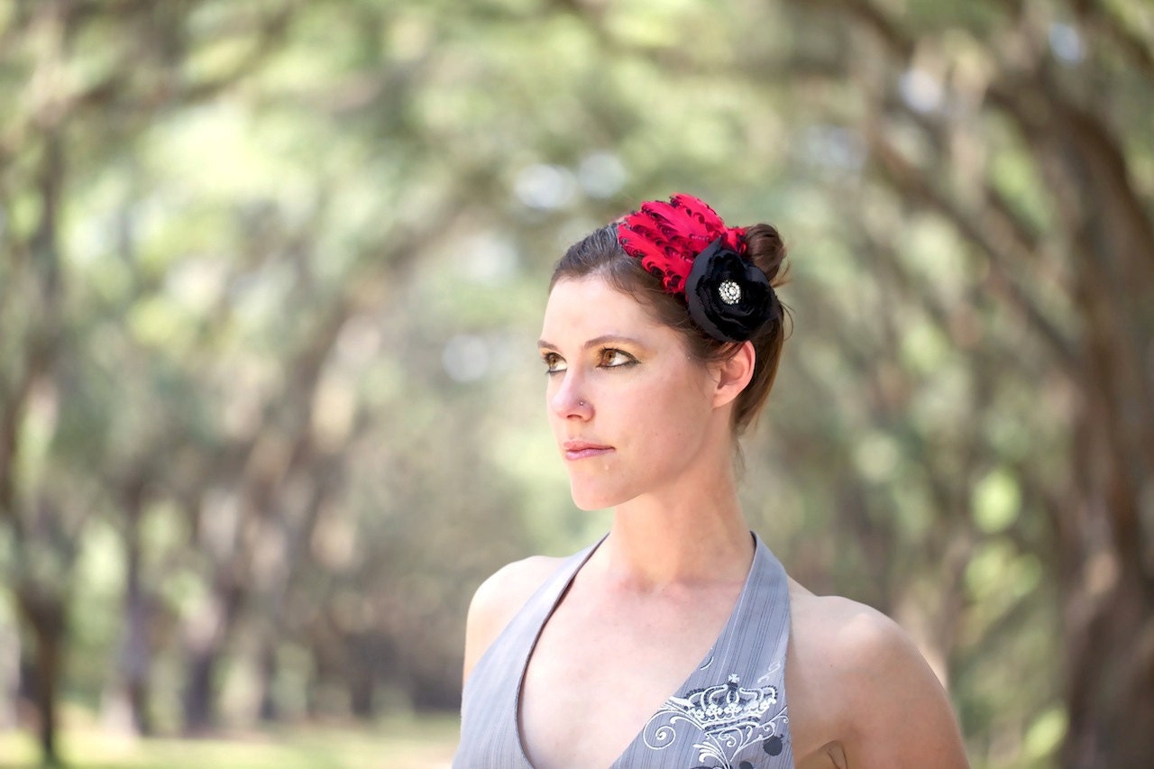 Red Feather Fascinator with Black Rose and Rhinestone Centerpiece - RED SWAN