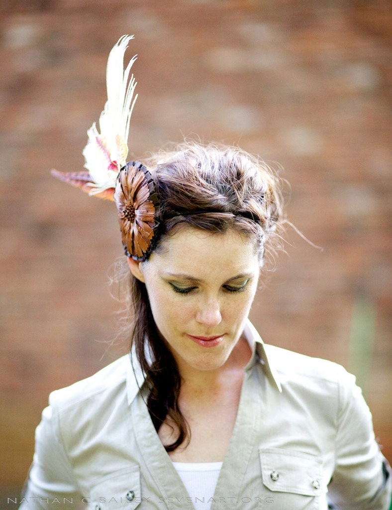 Autumn Flower Fascinator with Cream Peacock Feathers, Velvet Leaves, and Satin - PROTEA - LaCocoRouge