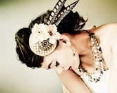 Bridal Fascinator Hat - Bronze, Cream-Beige Flowers and Feathers - ARC DE TRIOMPHE