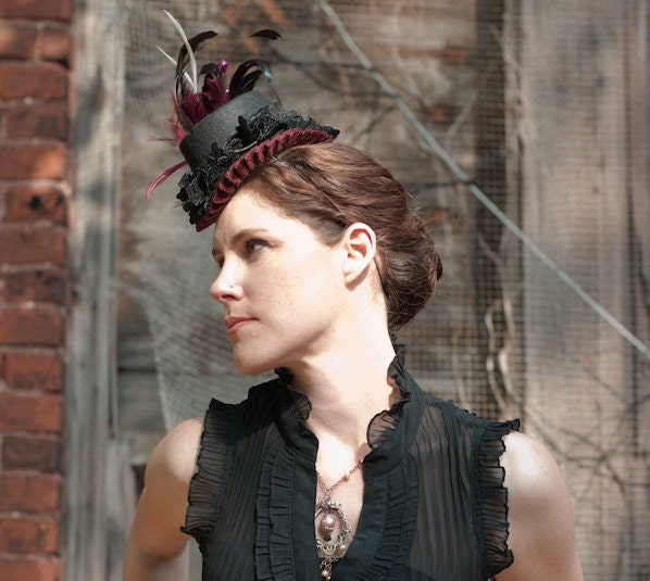 Mini Top Hat Black with Roses, Purple Velvet and Feathers - THE TRAVELLER