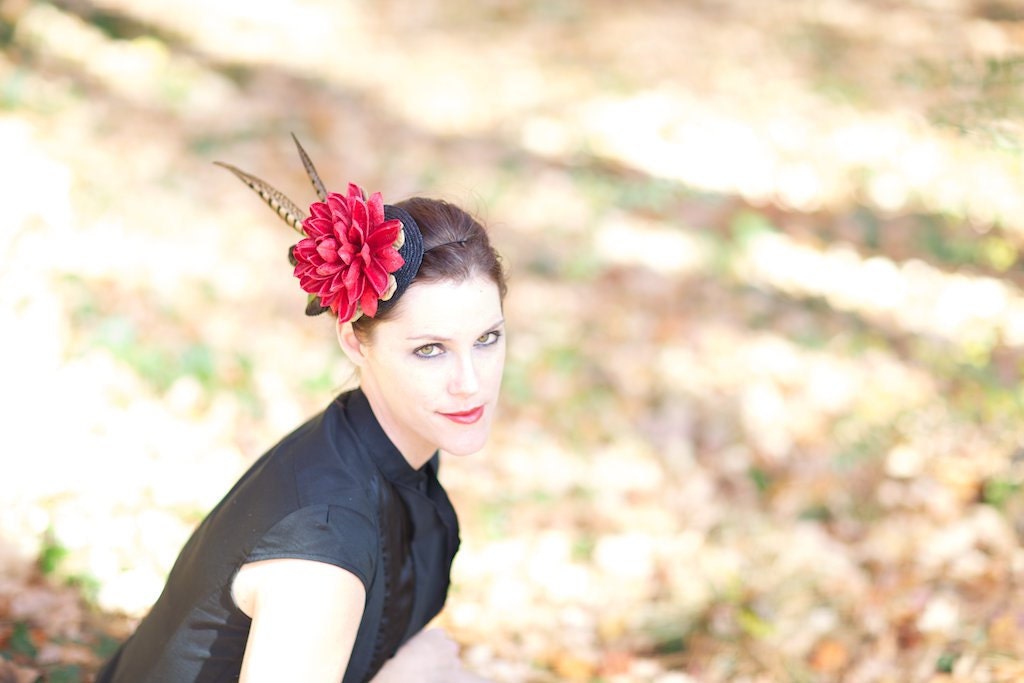 Feather Headdress Fascinator Hat with Green and Brown Accents - WOODLAND