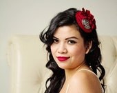 Red Flower Fascinator Hat with Vintage Silver Medallion - HECATE