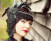 Black Feather Headdress Flapper Style Beaded Swarovski Crystals - Dark Queen (Made to Order)