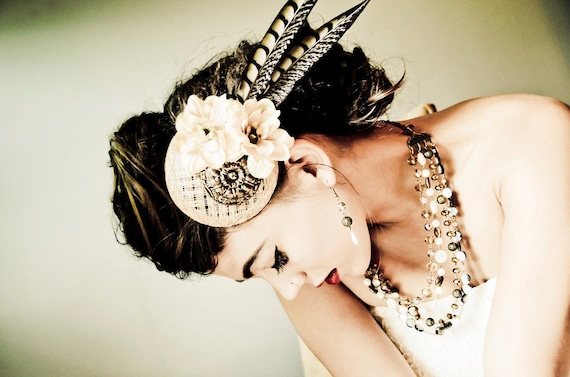 Bridal Fascinator Hat - Bronze, Cream-Beige Flowers and Feathers - ARC DE TRIOMPHE