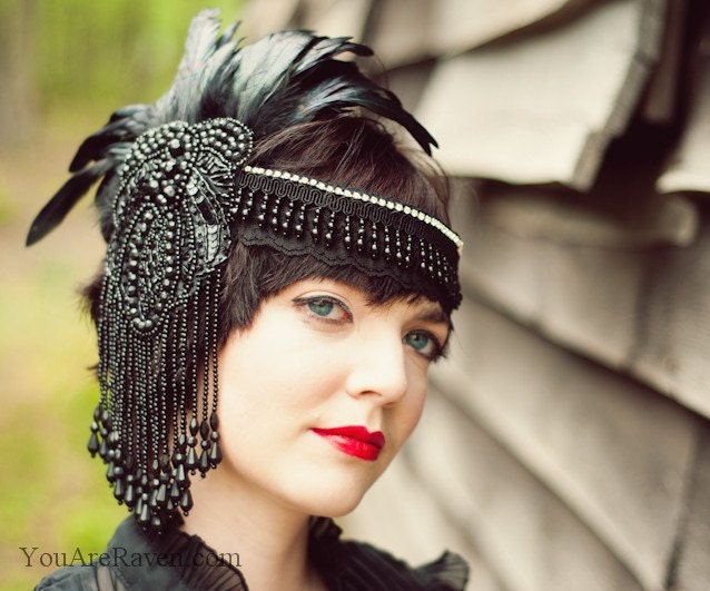Black Feather Headdress Flapper Style Beaded Swarovski Crystals - Dark Queen (Made to Order)