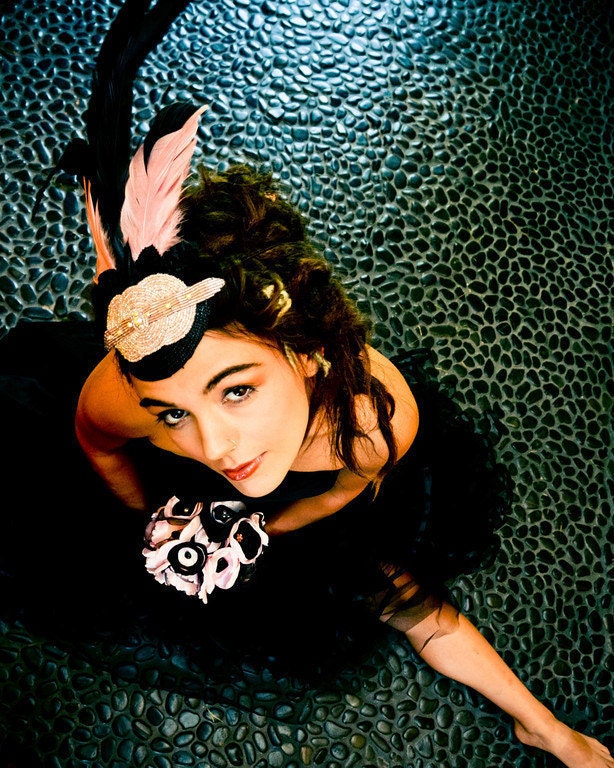 Pink and Black Feather Fascinator Hat in Art Deco Style - BLACK BEAUTY