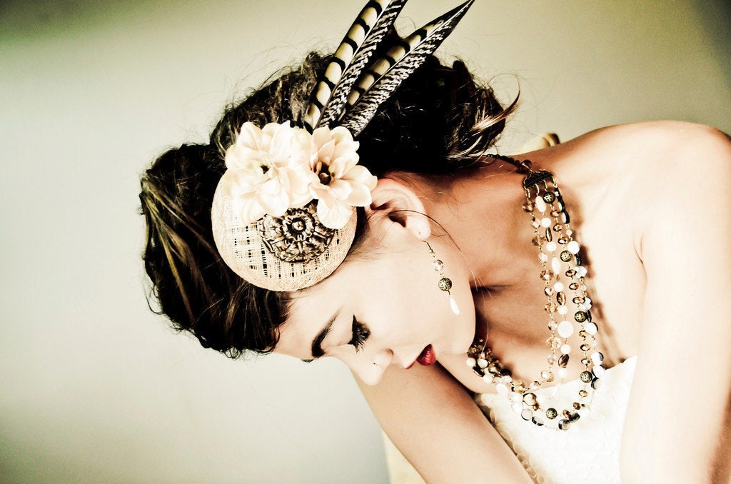 Bridal Fascinator Hat - Bronze, Cream-Beige Flowers and Feathers - ARC DE TRIOMPHE