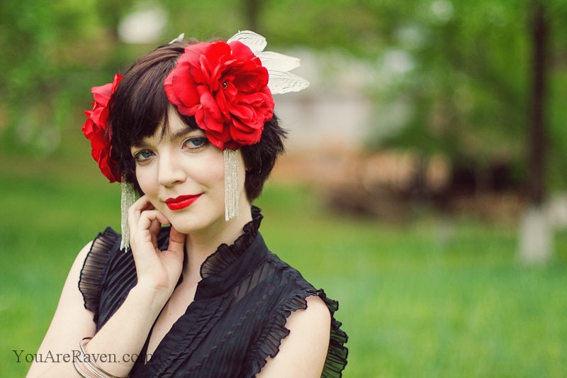 Red Feather Headress with Roses & Silver Pheasant Feathers - ROSE RED
