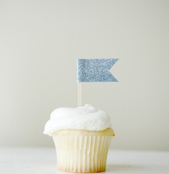 Glitter Flag Cupcake Topper Collection (one dozen, silver glitter)