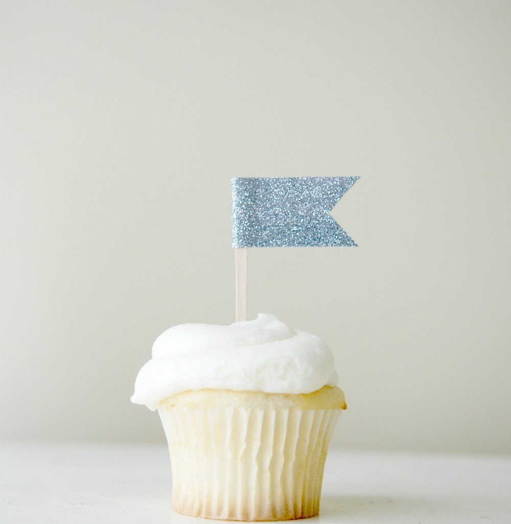 Glitter Flag Cupcake Topper Collection (one dozen, silver glitter)