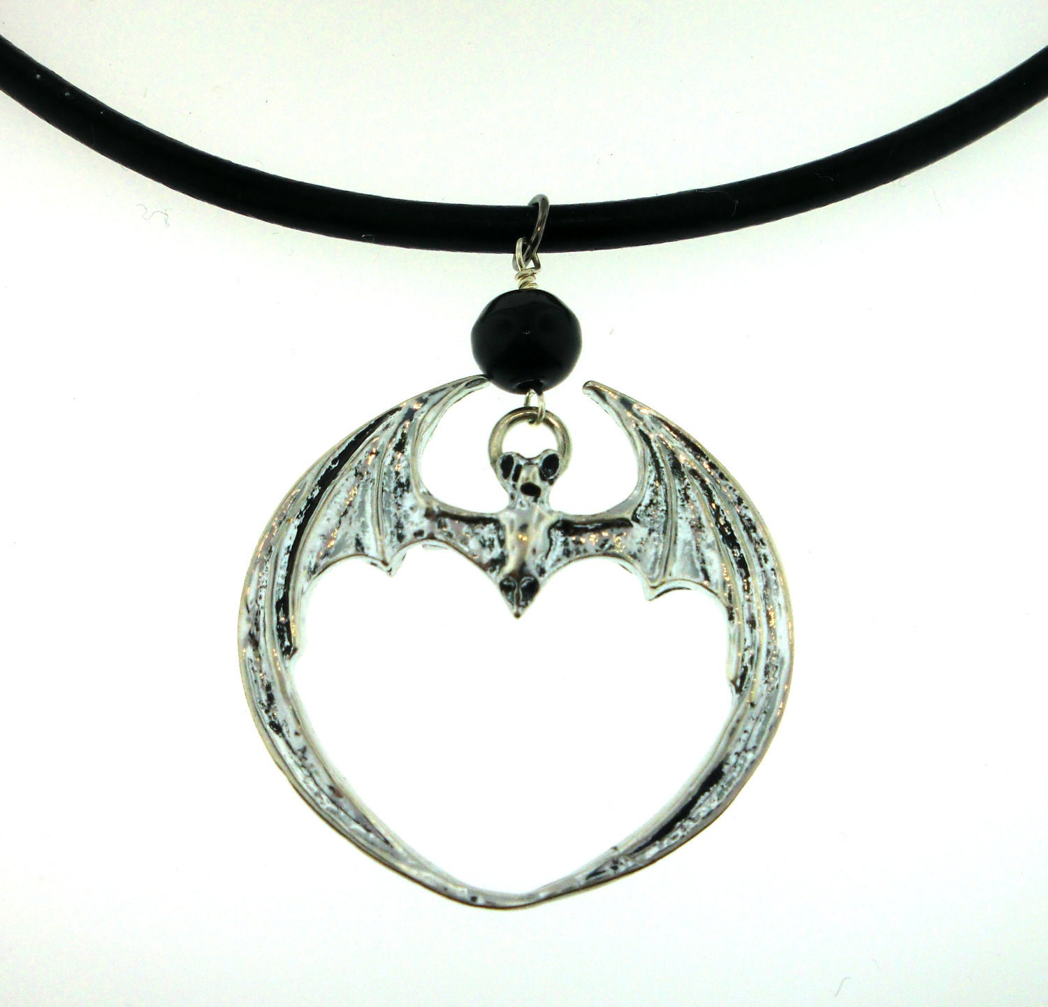 Men's: Gothic/Vampire/Dark Romance - Circled Bat & A Vintage Bead with Leather Cord Choker