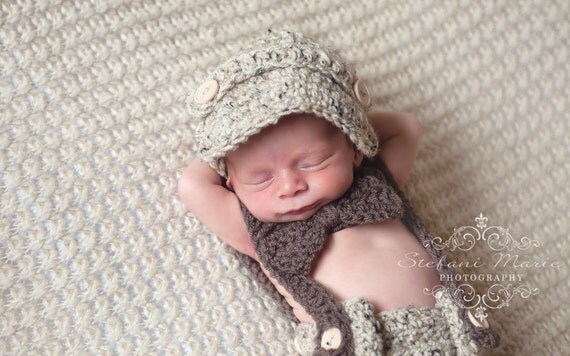 Little Man Suit in Oatmeal and Taupe with Matching Diaper Cover, Suspenders and Bow Tie in 0-3 Months- MADE TO ORDER