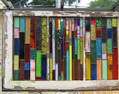 stained glass panels in Salvaged Wood Window -BOUNTY OF COLOR -Art-Suncatcher