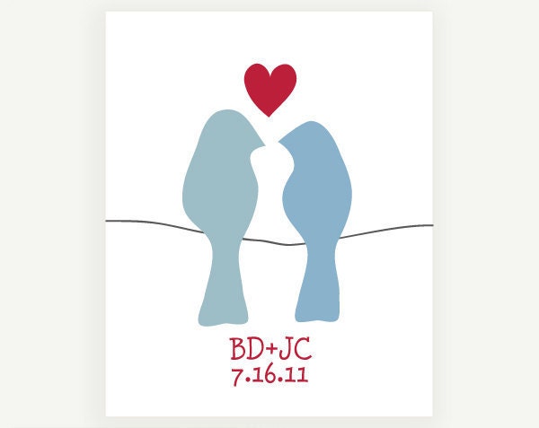 Wedding Gift First Anniversary Present - Love Birds - Personalized Bluebirds - 8x10 Art Print Digital Print Monogram Name Date