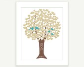 Family Love Tree with Love Birds: Anniversary Present / Wedding Gift - 8x10 (Gold & Turquoise) Digital Print