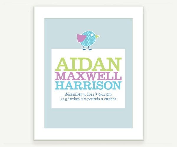 Nursery Art: New Baby Birth Announcement Subway Art Print w Bird Accent - 8x10 Kids Wall Art Poster Print