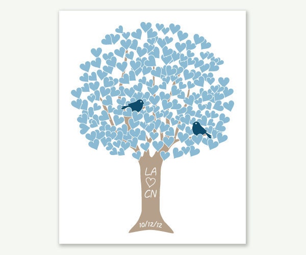 Wedding Gift / First Anniversary Gift - Heart Tree Love Birds - Blue & Taupe - 8x10 Art Print by ColorBee Digital Print