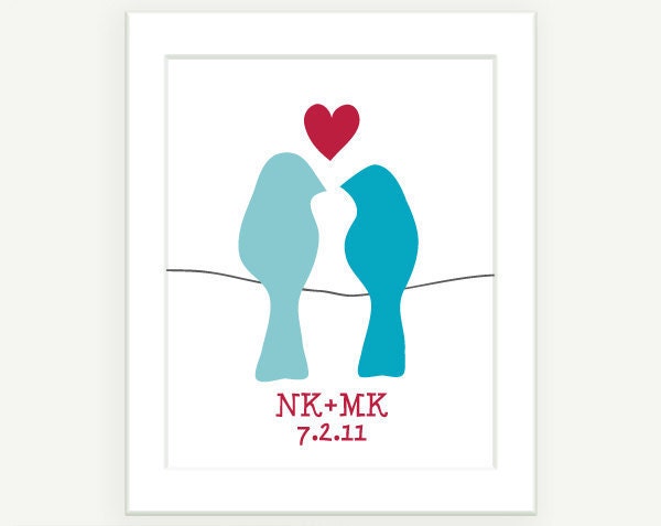 Love Birds Personalized Anniversary Gift - Turquoise Blue & Red - 8x10 - Monogram Date Engagement Shower Wedding