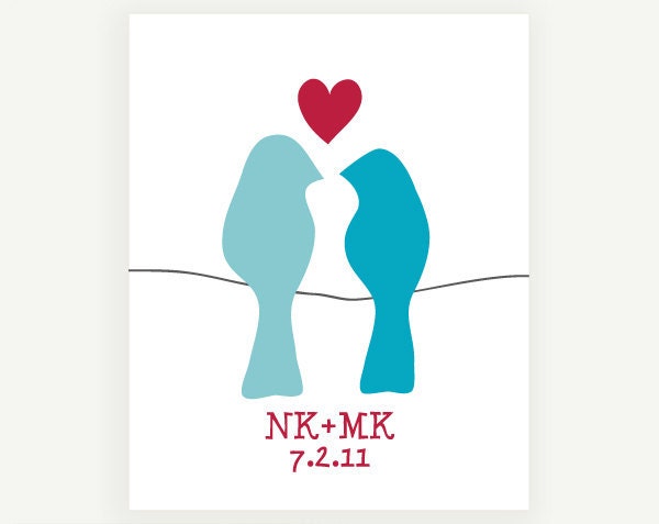 Love Birds Personalized Anniversary Gift - Turquoise Blue & Red - 8x10 - Monogram Date Engagement Shower Wedding