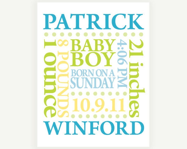 Nursery Print - Baby Name Birth Date Personalized Subway Art - Custom Colors - 11x14 Poster Digital Print