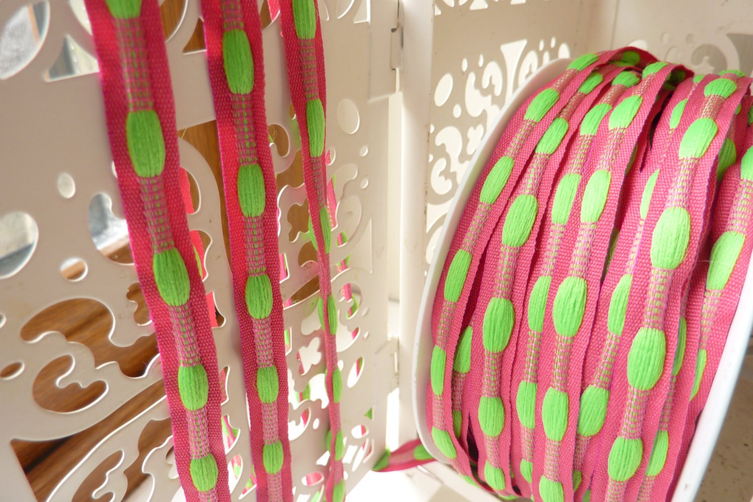 Fuchsia pink & lime green stitched effect ribbon   1yd - 10mm (0.39 inches)