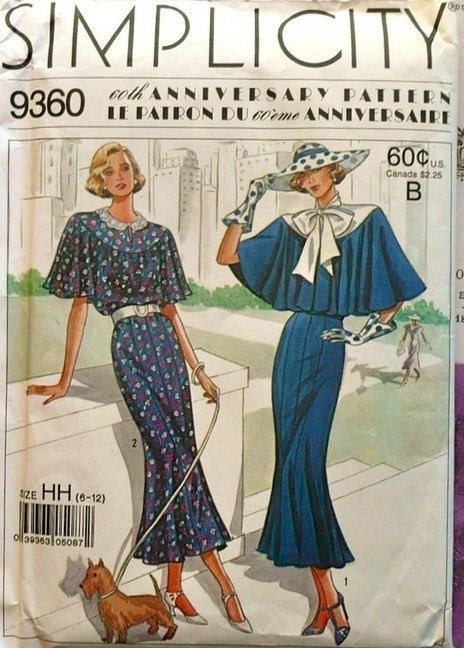 1920's Women's Capelet Dress Pattern, 60th Anniversary Reissue of  Simplicity Pattern 9360 Sizes 6, 8, 10,12 uncut