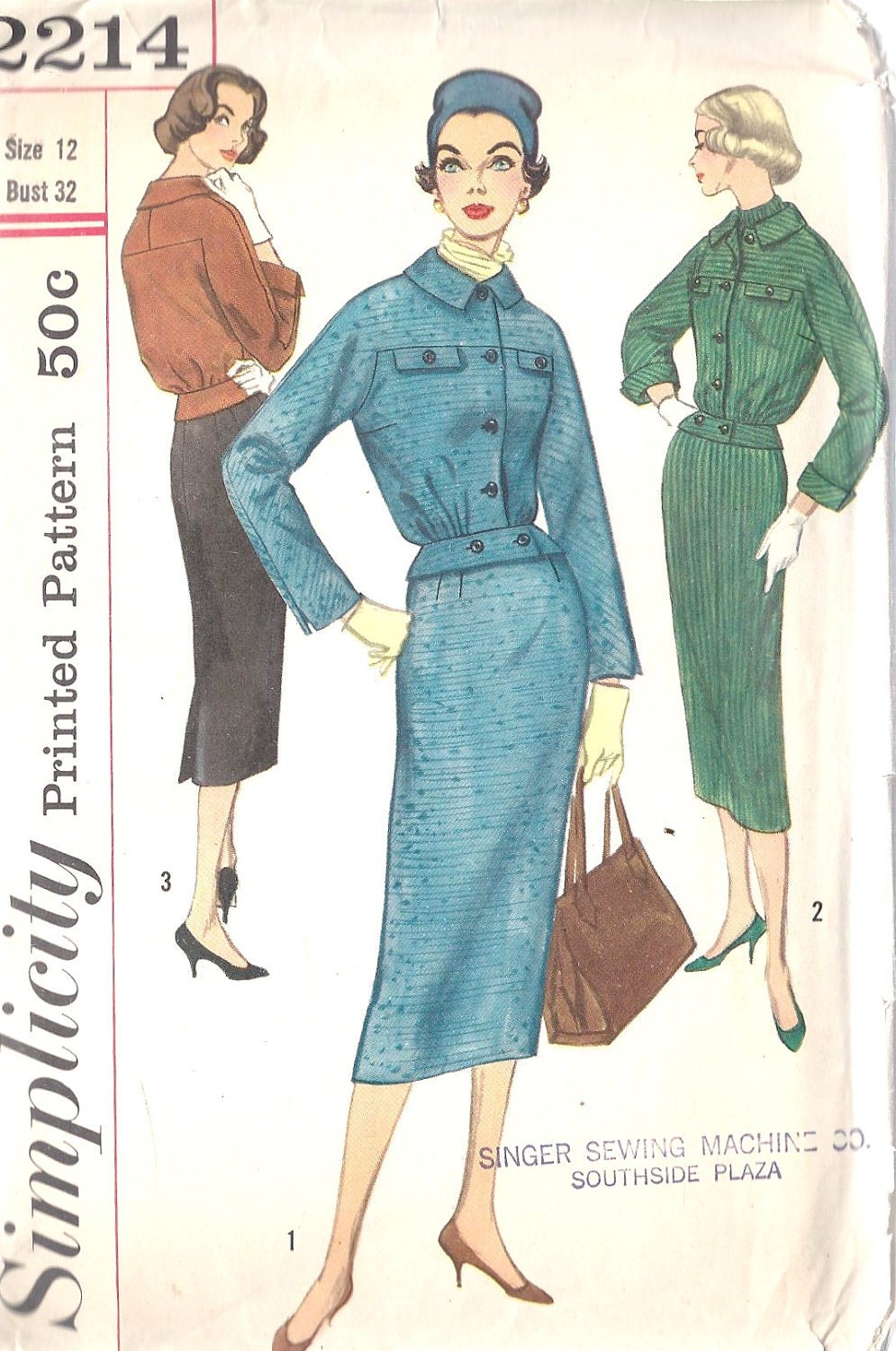 1950s Misses Dress Suit Vintage Sewing Pattern, Slim Skirt Separates Secretary, Simplicity 2214 Bust 32"