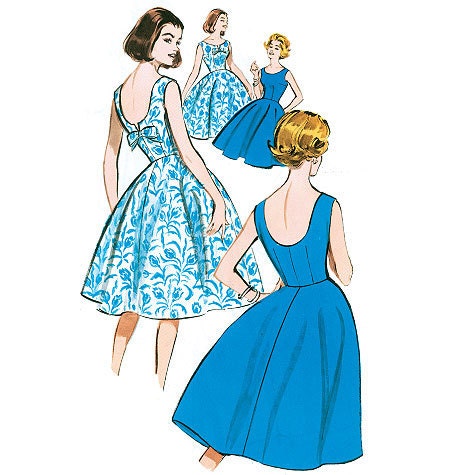 60s Inspired Misses Party Dress with Scoopneck Neckline and Low Cut Back, 1960s Reissue of Butterick 5748 sizes 6,8,10,12, 14 uncut