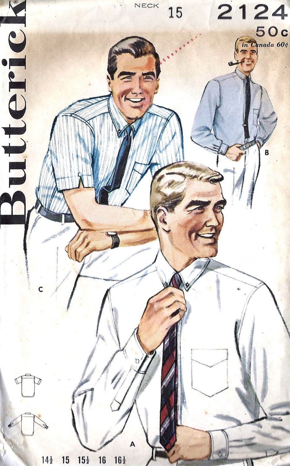 1950s Mens Button Down Shirt Vintage Sewing Pattern,Butterick 2124, Neck 15"