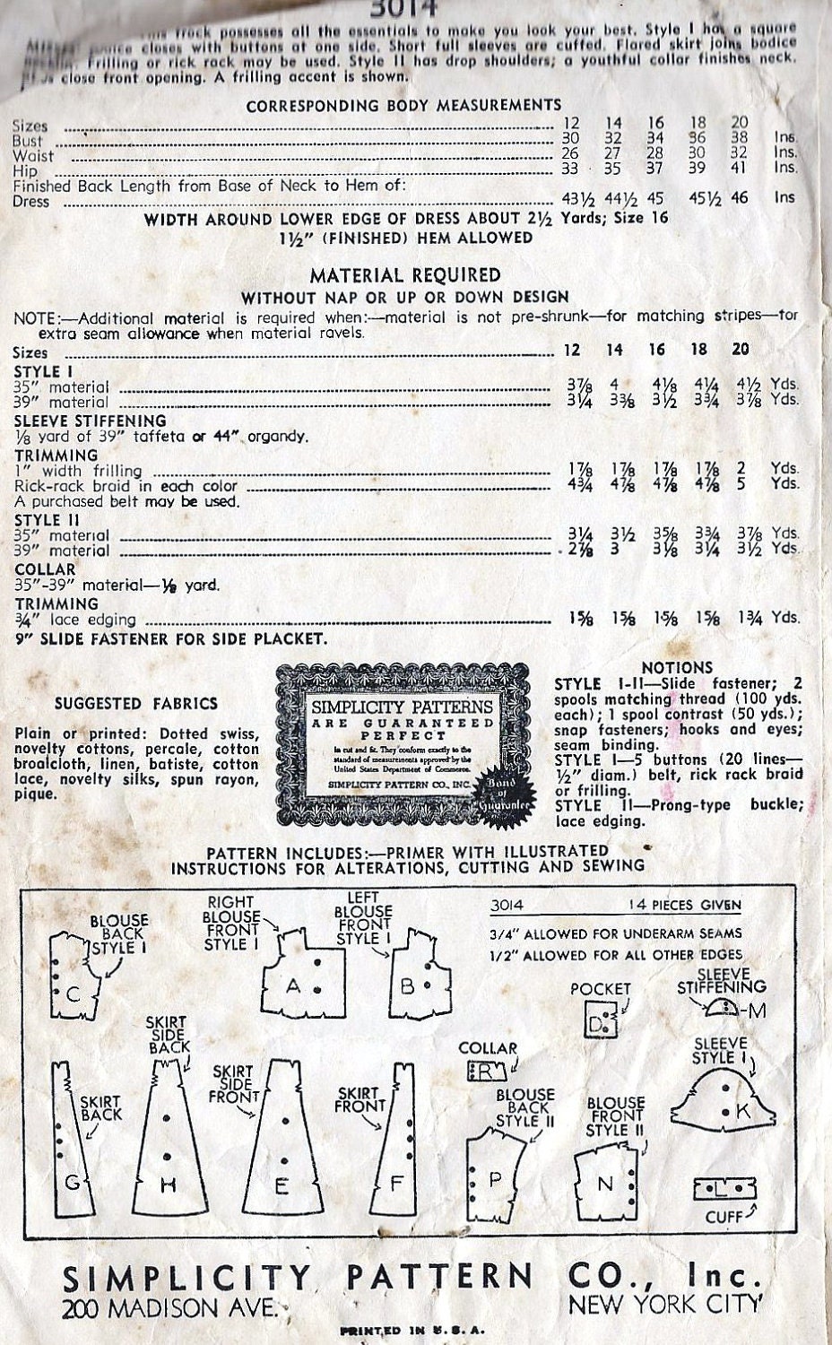 1930s Misses Dress Vintage Unprinted Sewing Pattern, Simplicity 3014, Bust 34"